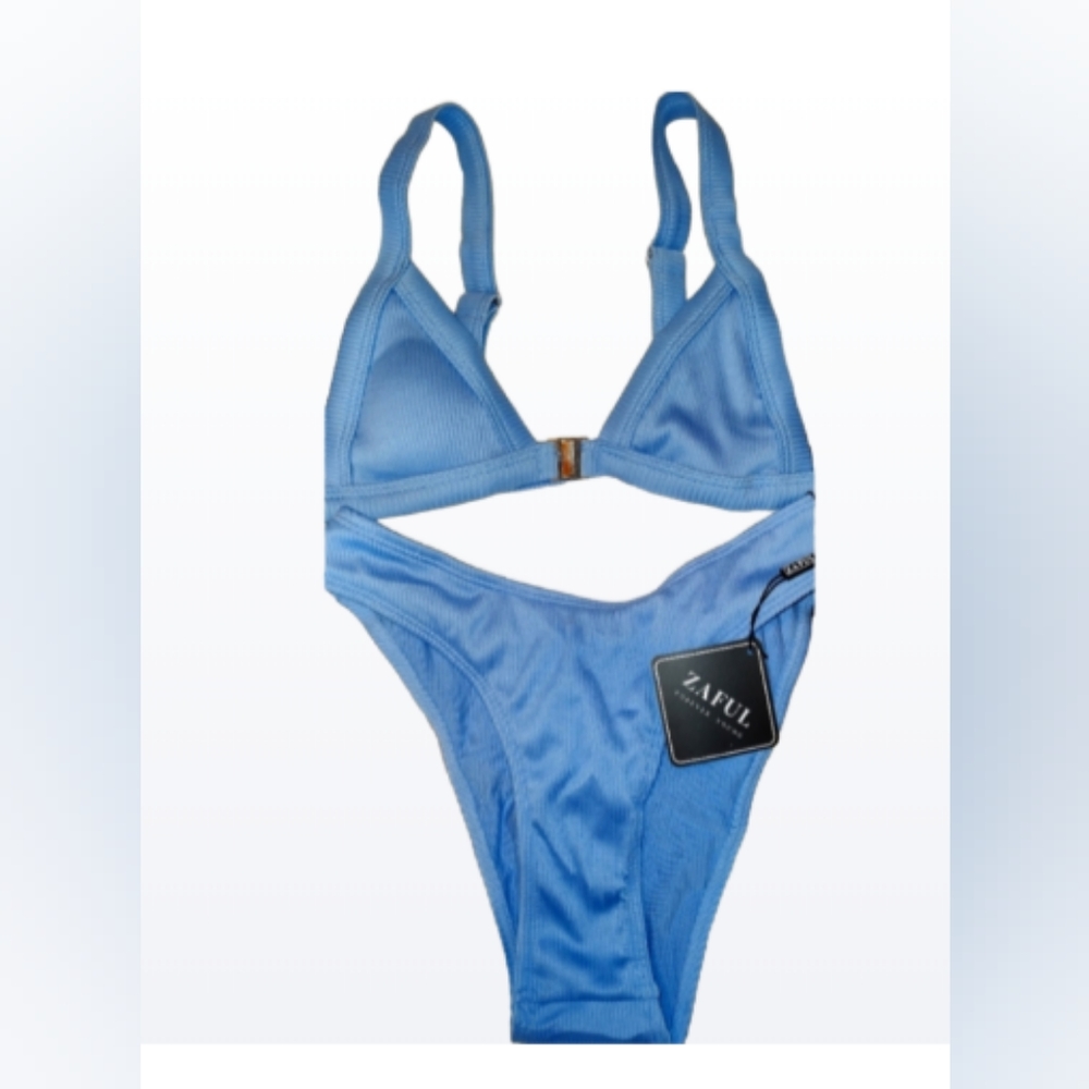 Zaful Brazilian Ribbed Blue Triangle Bikini Two Piece Swimsuit Size 4